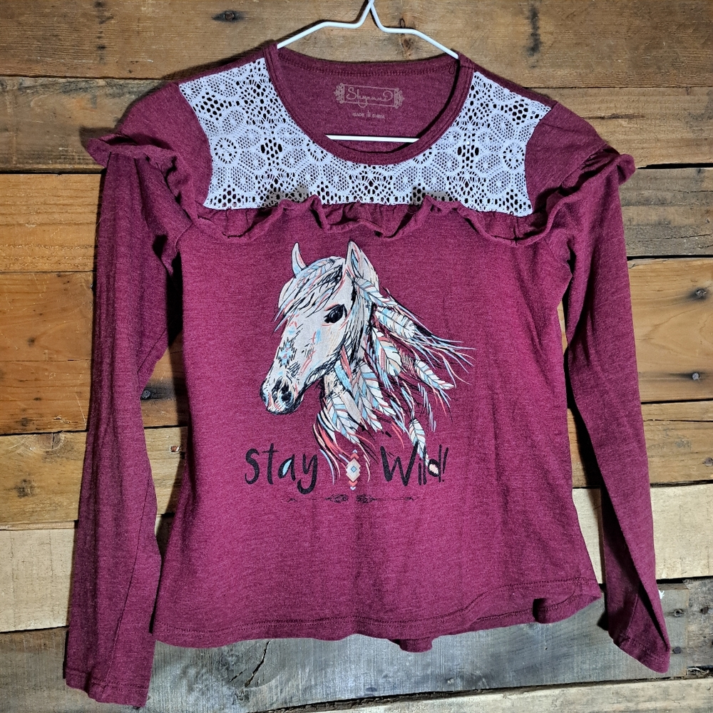 Girls Shyanne‎ long sleeve horse, large 8/10, maroon.
